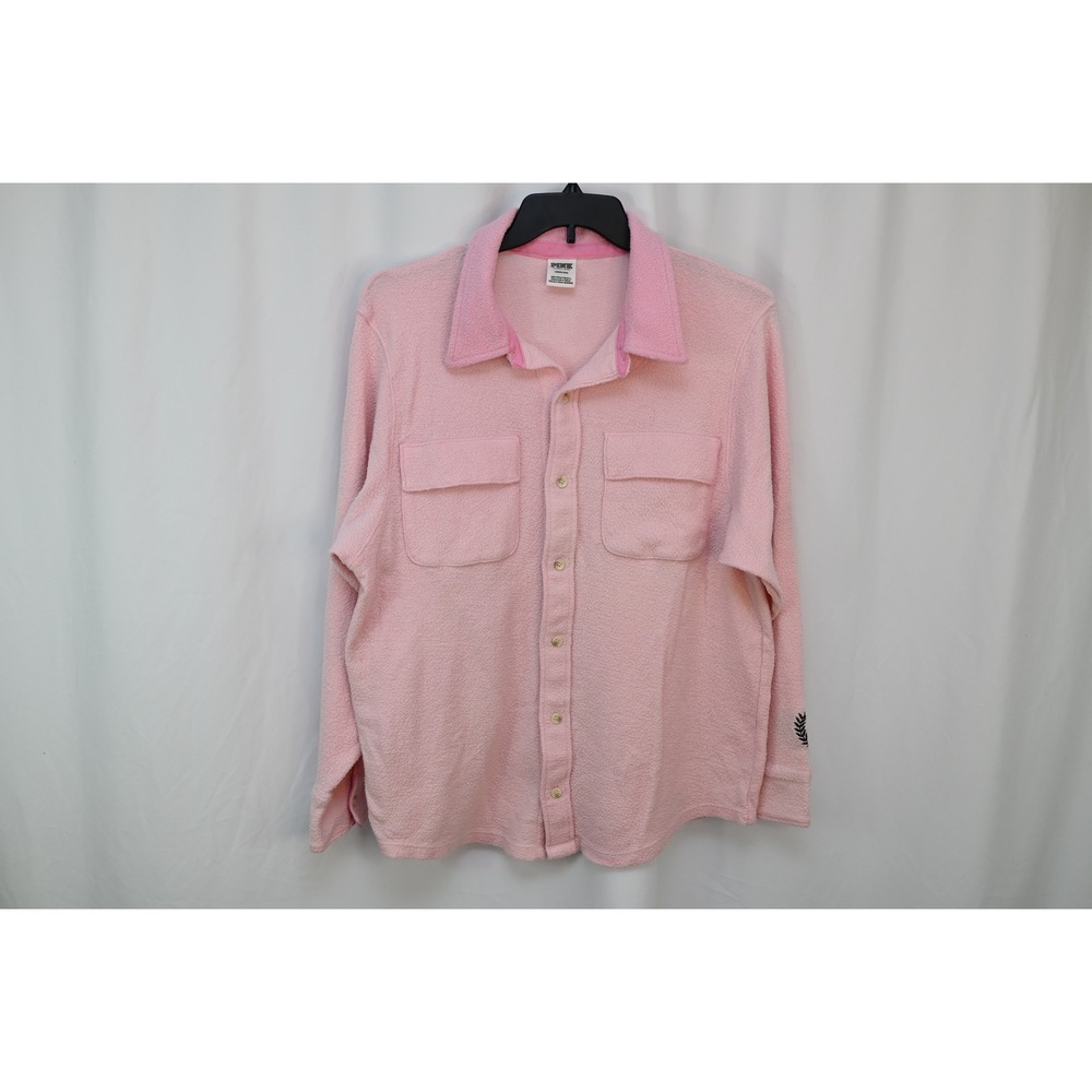 Victoria Secret PINK Fleece Button Up Shirt Pink Large Long Sleeve Crest Logo